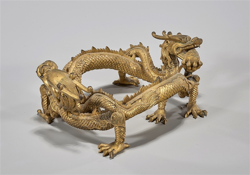 Elaborate & Heavy Chinese Gilt Bronze Dragon-Form Stand