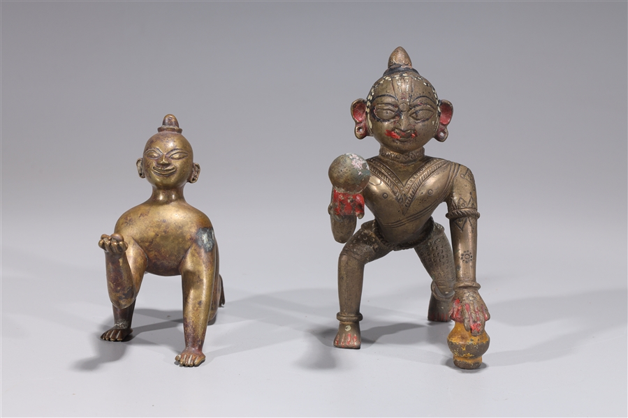 Two Indian Bronze Crawling Krishna Statues