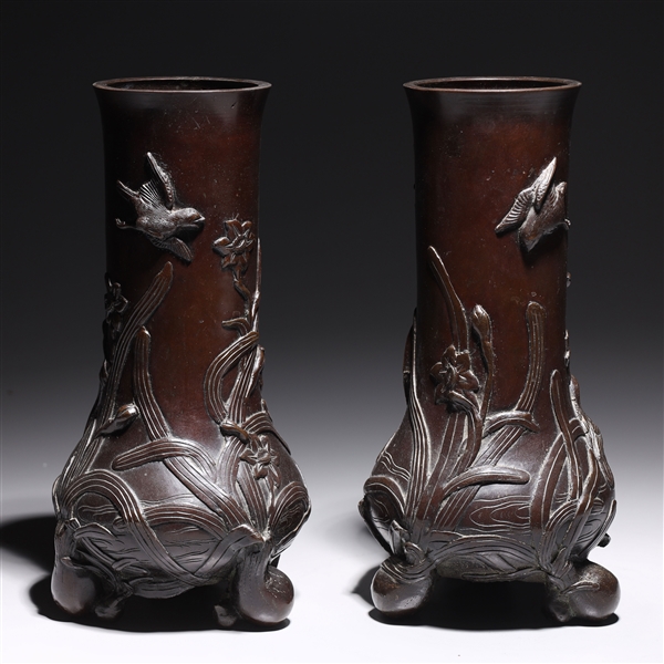 Pair of Antique Japanese Bronze Tripod Vases