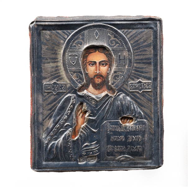 19th Century Photolithograph Russian Icon with Silver Cover