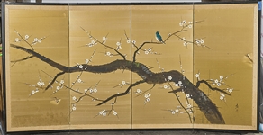 Japanese Four Panel Painted Paper Screen