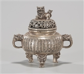 Chinese Silvered-Metal Tripod Covered Censer