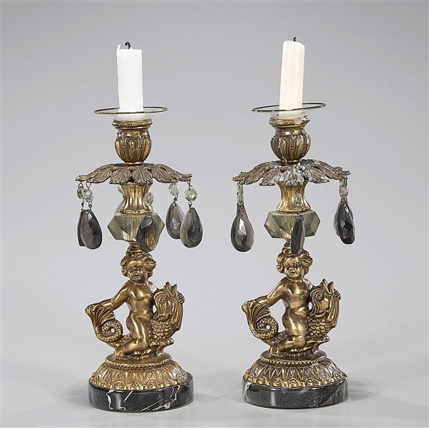 Pair Brass & Glass Continental Candlesticks