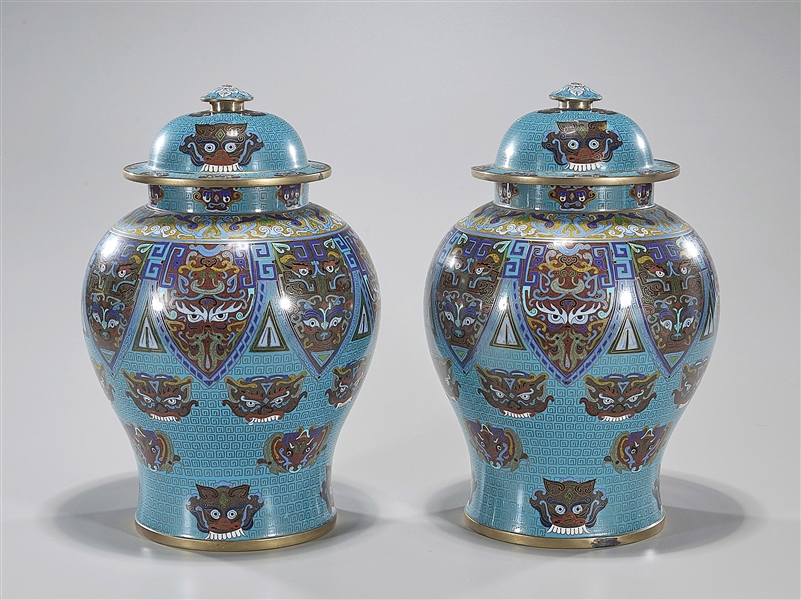 Pair Chinese Cloisonne Enameled Covered Jars
