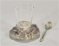 Japanese Enameled Silver Teacup, Spoon and Saucer