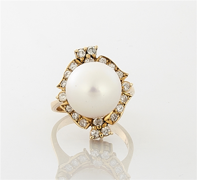 14K Yellow Gold, Pearl & Diamond Ring