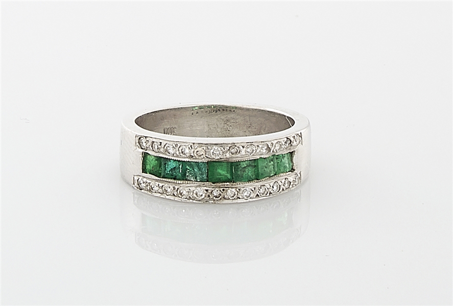 14K White Gold, Emerald & Diamond Ring