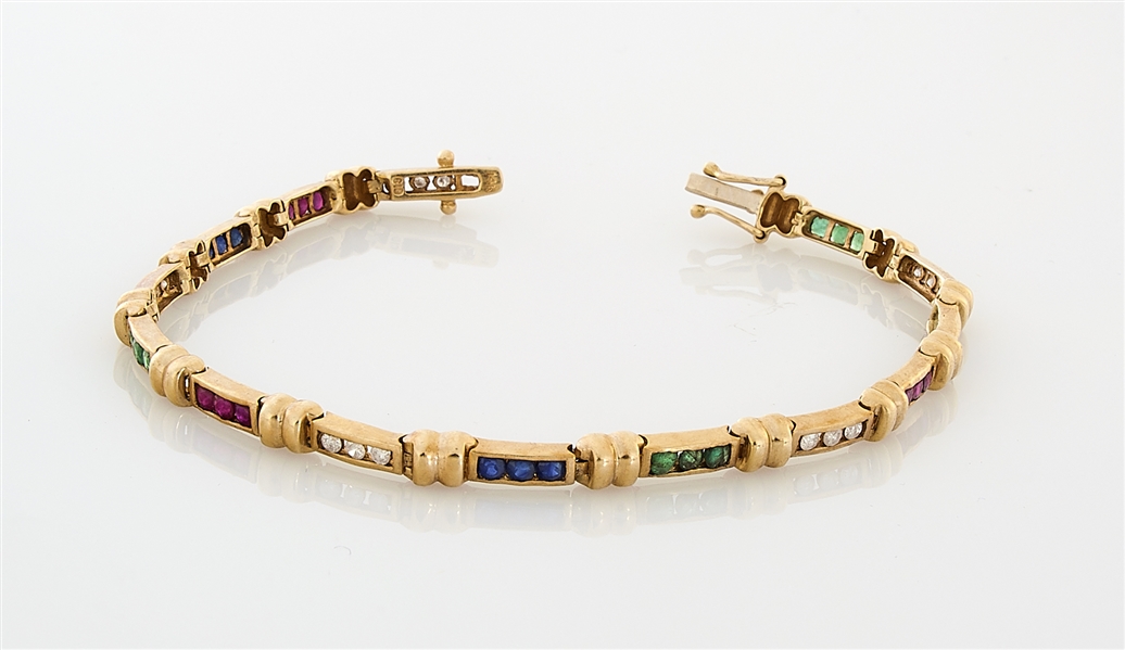 14K Yellow Gold Ruby, Sapphire, Emerald & Diamond Bracelet