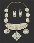 Antique Chinese White Jade Carved Necklace & Earring Suite
