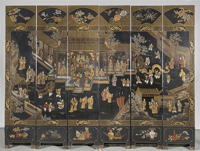 Large Chinese Six Panel Painted Wood Screen