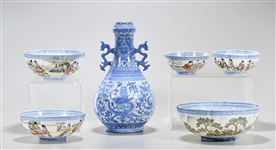 Group of Six Chinese Blue and White Enameled Ceramics