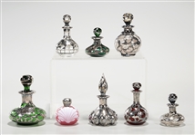 Group of Sterling and Silver Plate Overlay and Decorated Glass Perfume Bottles