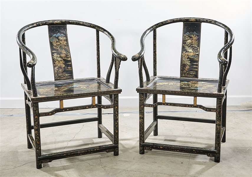 Pair Chinese Painted Hard Wood Scholars Chairs
