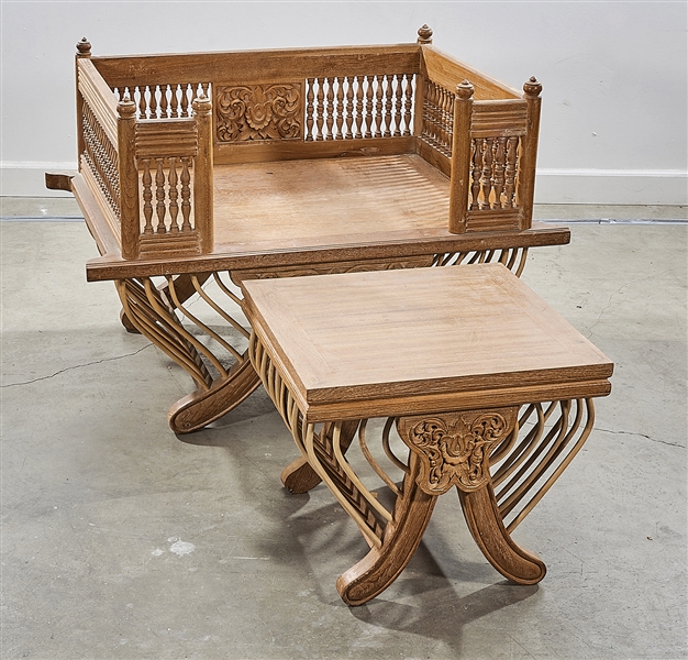 Asian Carved Teak Wood Throne-Like Chair and Stool