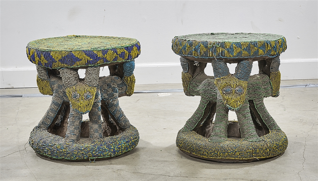 Pair African-Style Beaded Wood Stools