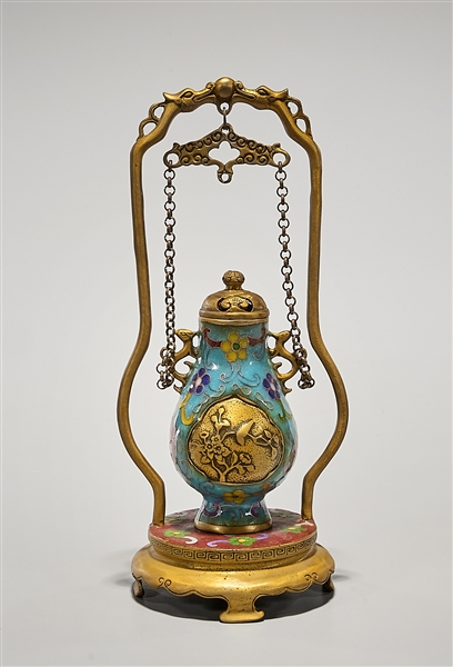 Chinese Cloisonne and Bronze Chain Vase with Stand