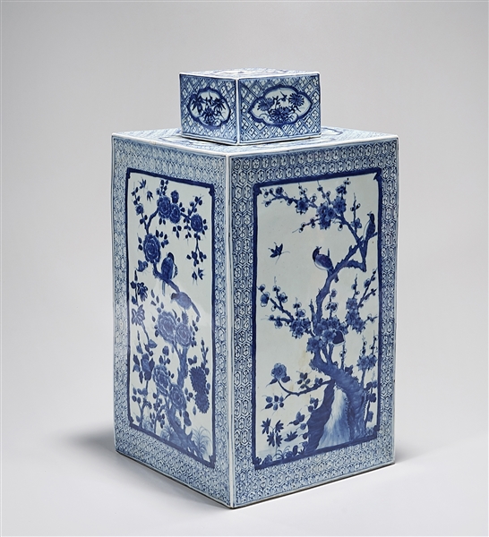 Chinese Blue and White Porcelain Square Form Covered Vase