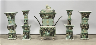 Five-Piece Chinese Enameled Porcelain Altar Garniture Set