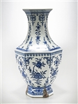 Tall Chinese Blue and White Porcelain Faceted Vase