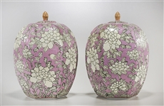 Pair Chinese Enameled Ceramic Covered Jars
