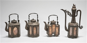 Group of Four Chinese Pewter Covered Teapots