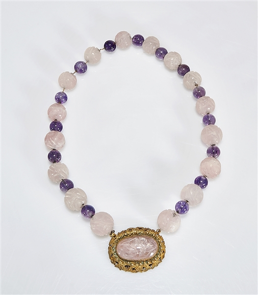 Chinese Rose Quartz and Amethyst Bead Necklace