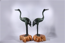 Pair Large Carved Spinach Jade Cranes