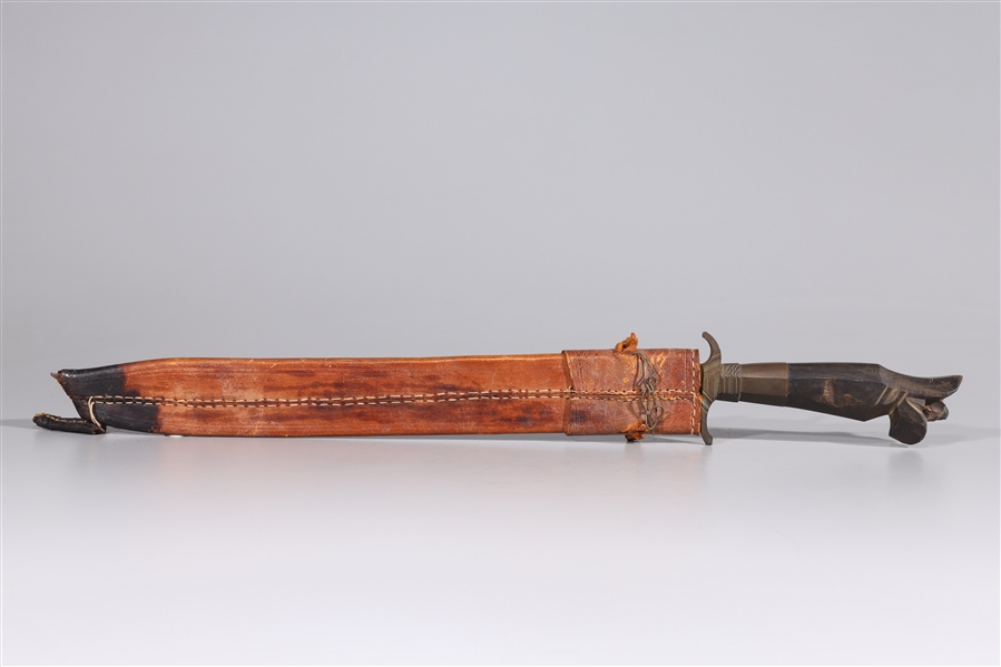 Saber With Carved Wooden Handle & Leather Sheath