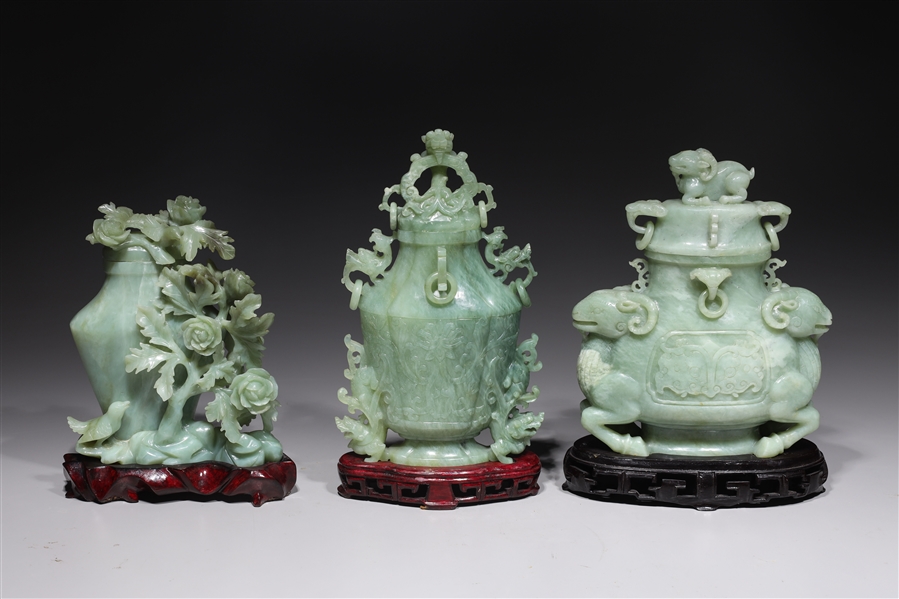 Group of Three Chinese Carved Hardstone Covered Vases