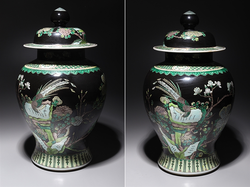 Pair of Large Chinese Famille Noir Covered Vases