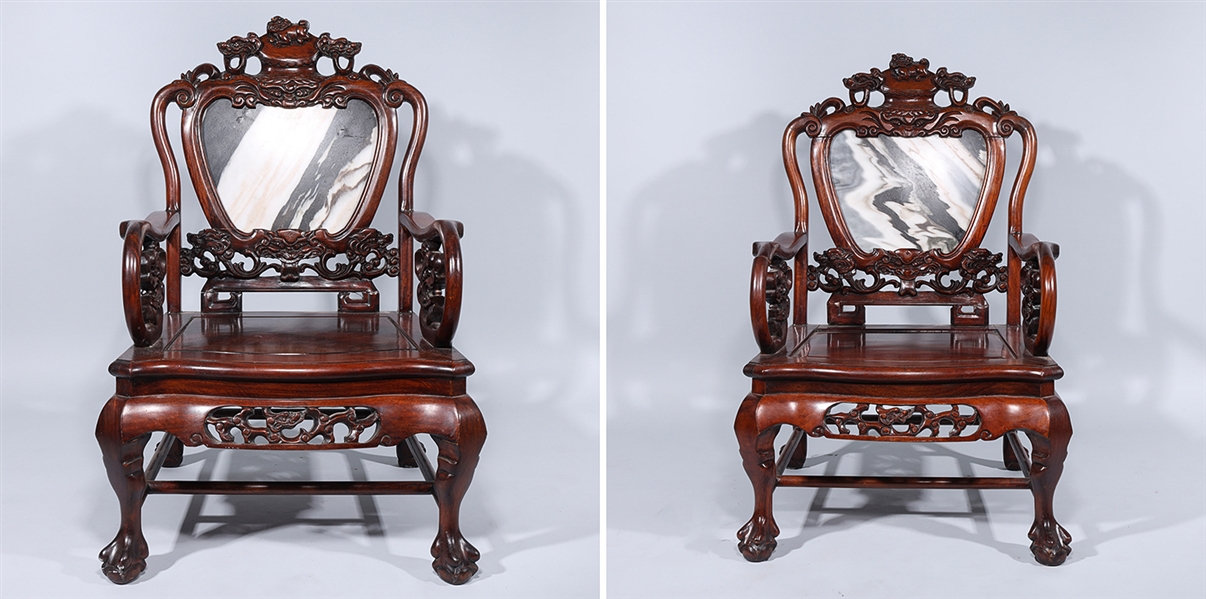 Two Chinese Carved Hardwood Marble Inset Armchairs