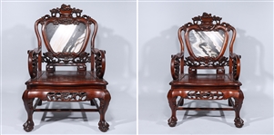 Two Chinese Carved Hardwood Marble Inset Armchairs