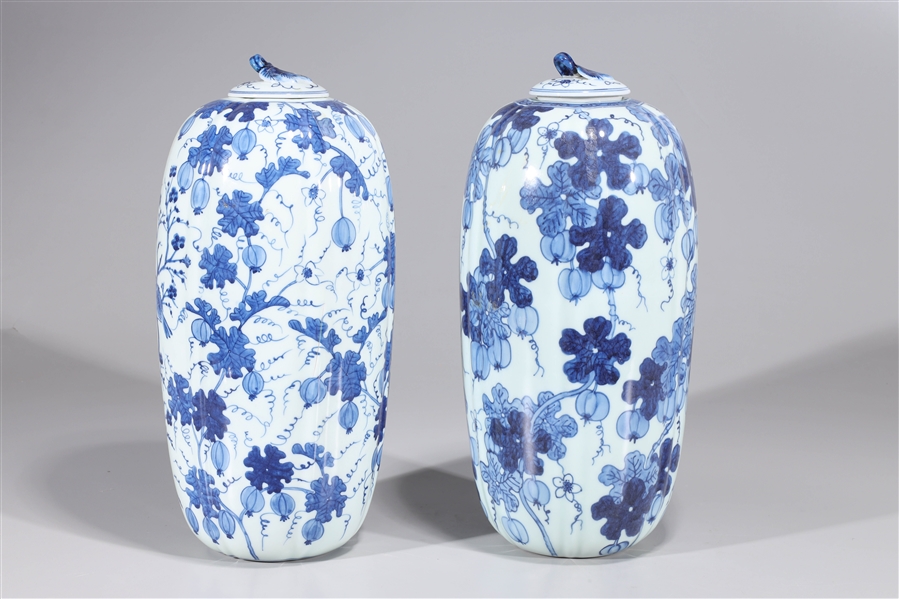 Pair of Blue & White Chinese Porcelain Covered Vases