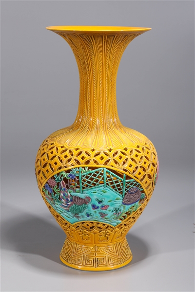 Yellow Chinese Famille Rose Enameled Porcelain Vase