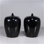 Pair of Black Glazed Chinese Porcelain Covered Vases