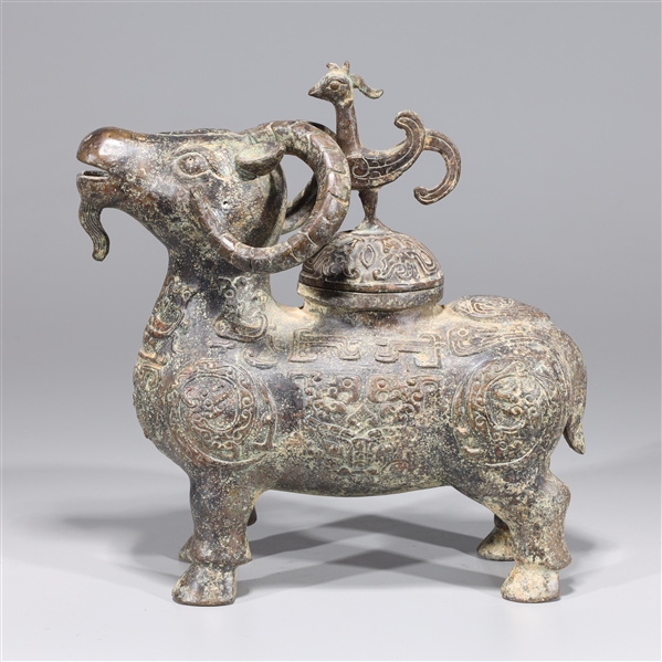 Chinese Archaistic Bronze Ram Form Covered Vessel