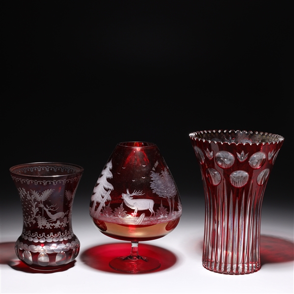 Group of Three Ruby Cut Glass Vases