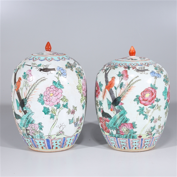 Two Chinese Enameled Porcelain Covered Jars