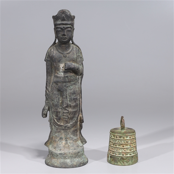 Chinese Bronze Standing Figure & Bell