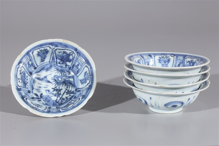 Group of Five Blue & White Ming Style Porcelain Bowls