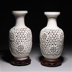Pair of White Glazed Chinese Latticework Vases