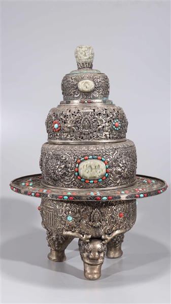 Large Ornate Chinese Bronze Metal Tripod Censer