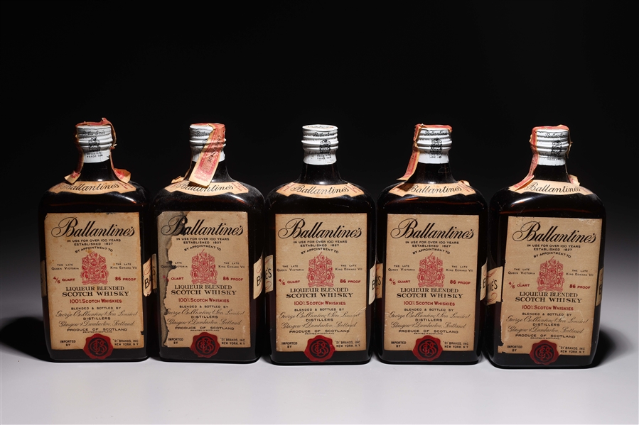 Five Bottles of Ballantines Scotch Whiskey