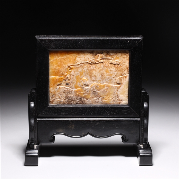 Late Qing Dynasty Carved Shosun Stone Plaque Mounted as Table Screen in Hardwood