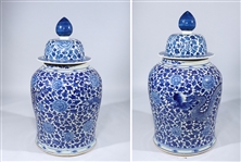 Pair Massive Chinese Blue and White Porcelain Covered Jars