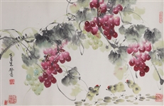 Chinese Grape & Chick Painting mounted as Scroll