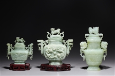 Three Chinese Carved Hardstone Covered Vases