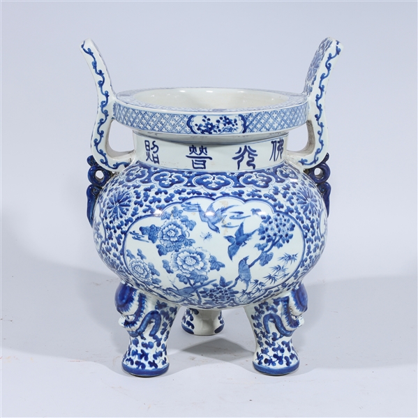 Large Chinese Blue & White Porcelain Tripod Censer