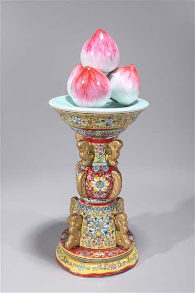 Chinese Enameled Porcelain & Gilt Peach Statue