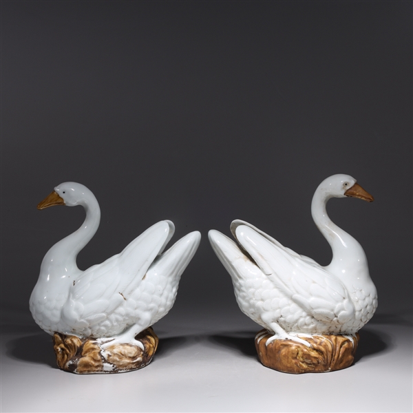 Pair Chinese Glazed Porcelain Swans